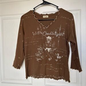 Brown Graphic Long Sleeve Top with Whimsical Print